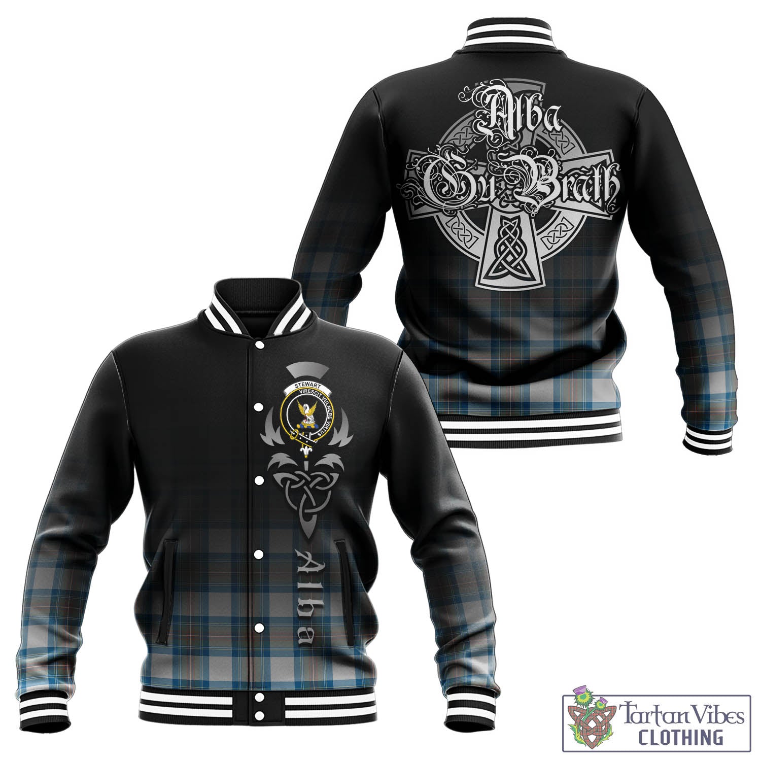 Tartan Vibes Clothing Stewart Muted Blue Tartan Baseball Jacket Featuring Alba Gu Brath Family Crest Celtic Inspired