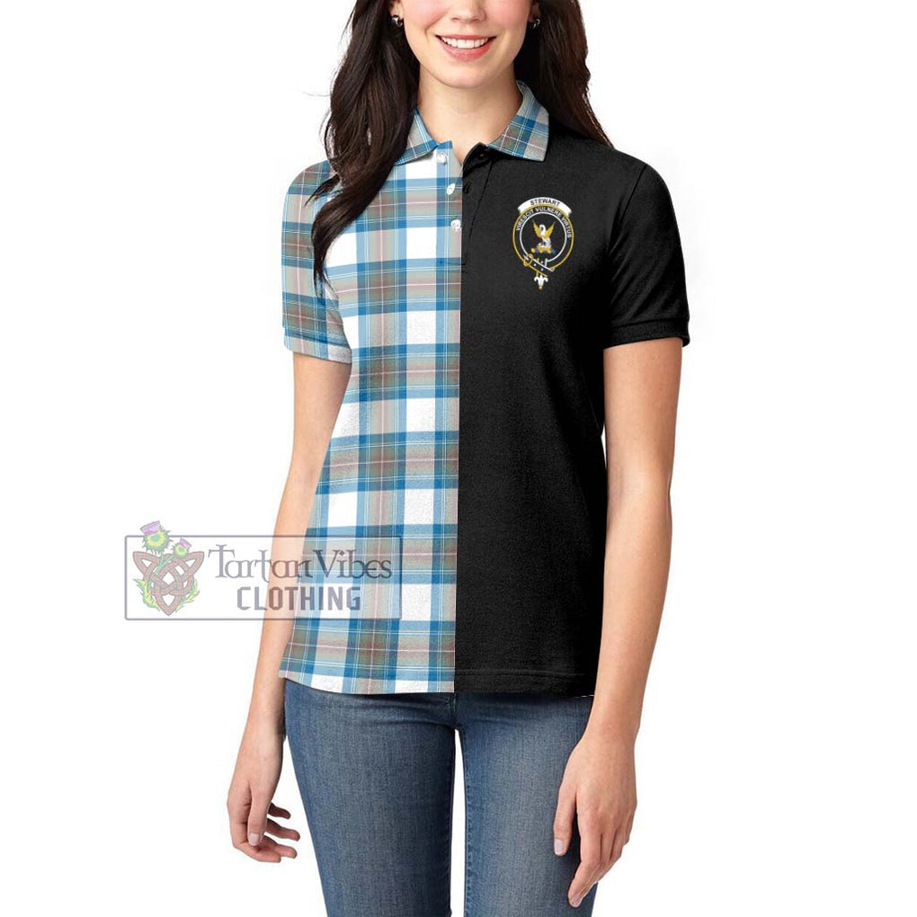 Stewart Muted Blue Tartan Women's Polo Shirt with Family Crest and Half Of Me Style - Tartanvibesclothing Shop