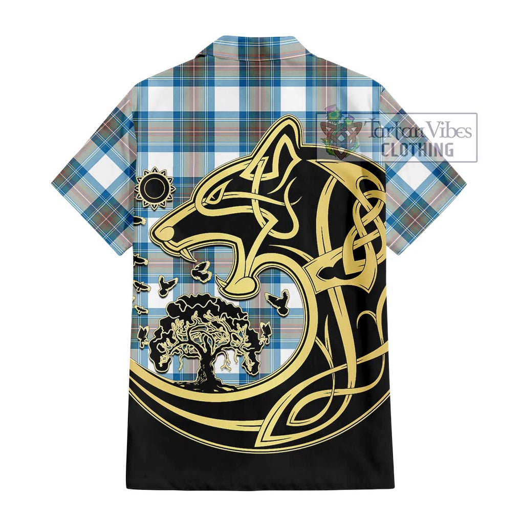 Stewart Muted Blue Tartan Short Sleeve Button Shirt with Family Crest Celtic Wolf Style - Tartan Vibes Clothing