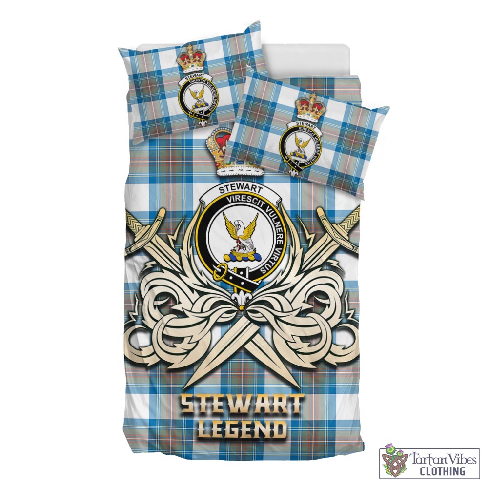 Tartan Vibes Clothing Stewart Muted Blue Tartan Bedding Set with Clan Crest and the Golden Sword of Courageous Legacy