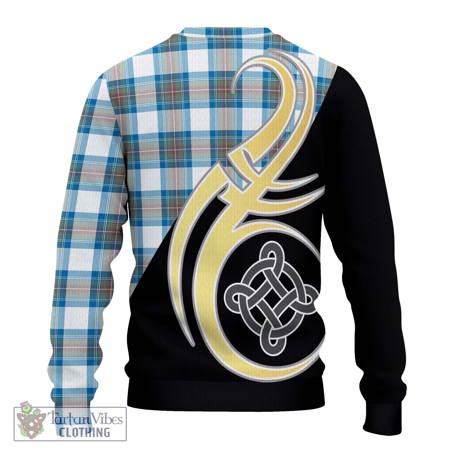 Stewart Muted Blue Tartan Knitted Sweater with Family Crest and Celtic Symbol Style - Tartan Vibes Clothing