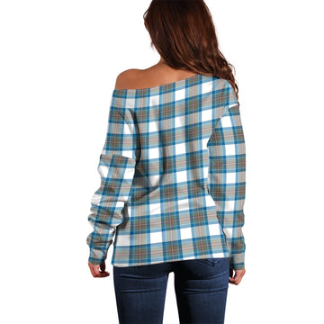 Stewart Muted Blue Tartan Off Shoulder Women Sweater with Family Crest