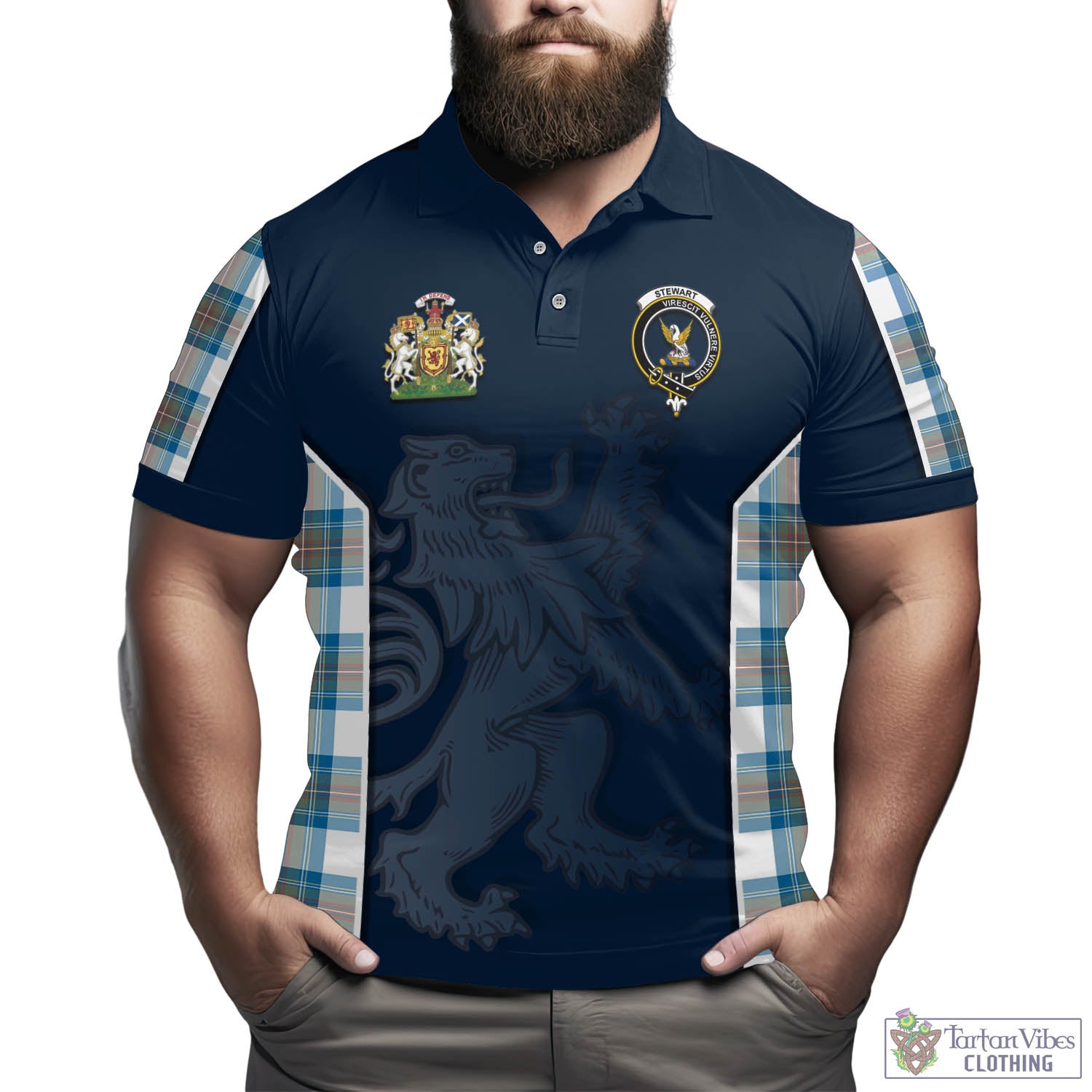 Tartan Vibes Clothing Stewart Muted Blue Tartan Men's Polo Shirt with Family Crest and Lion Rampant Vibes Sport Style