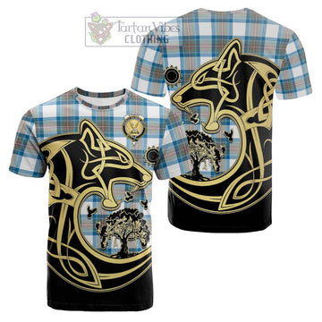 Stewart Muted Blue Tartan Cotton T-shirt with Family Crest Celtic Wolf Style