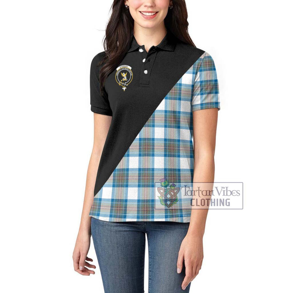 Stewart Muted Blue Tartan Women's Polo Shirt with Family Crest and Military Logo Style - Tartanvibesclothing Shop