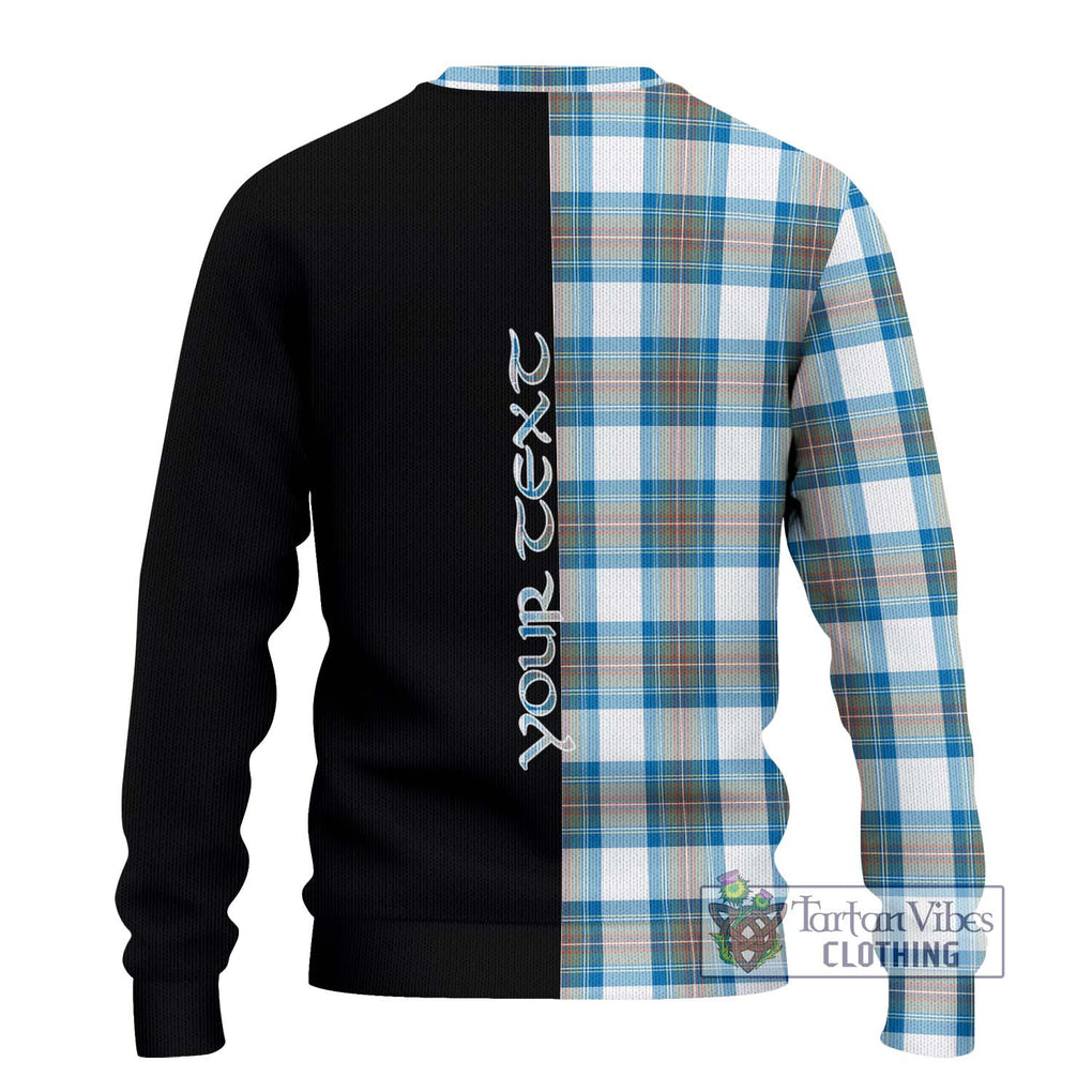 Stewart Muted Blue Tartan Knitted Sweater with Family Crest and Half Of Me Style - Tartanvibesclothing Shop