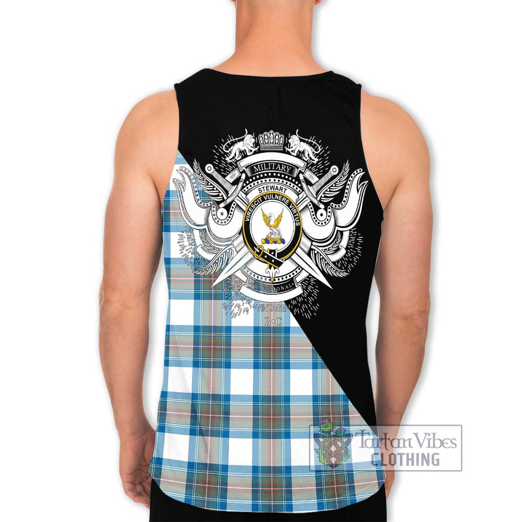 Stewart Muted Blue Tartan Men's Tank Top with Family Crest and Military Logo Style - Tartanvibesclothing Shop