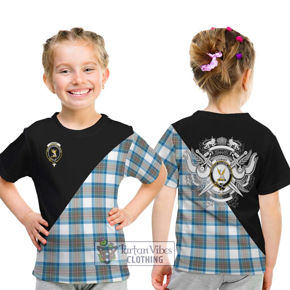 Stewart Muted Blue Tartan Kid T-Shirt with Family Crest and Military Logo Style - Tartanvibesclothing Shop