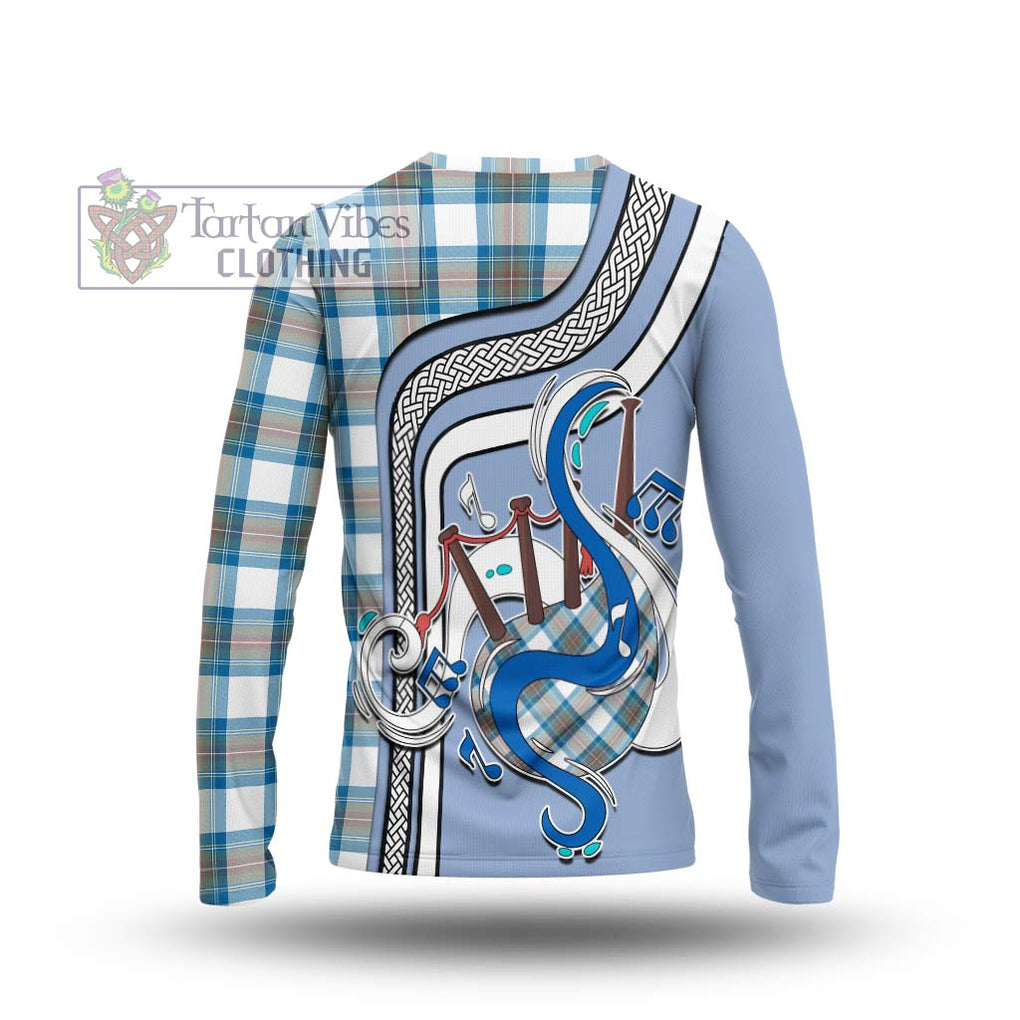 Tartan Vibes Clothing Stewart Muted Blue Tartan Long Sleeve T-Shirt with Epic Bagpipe Style