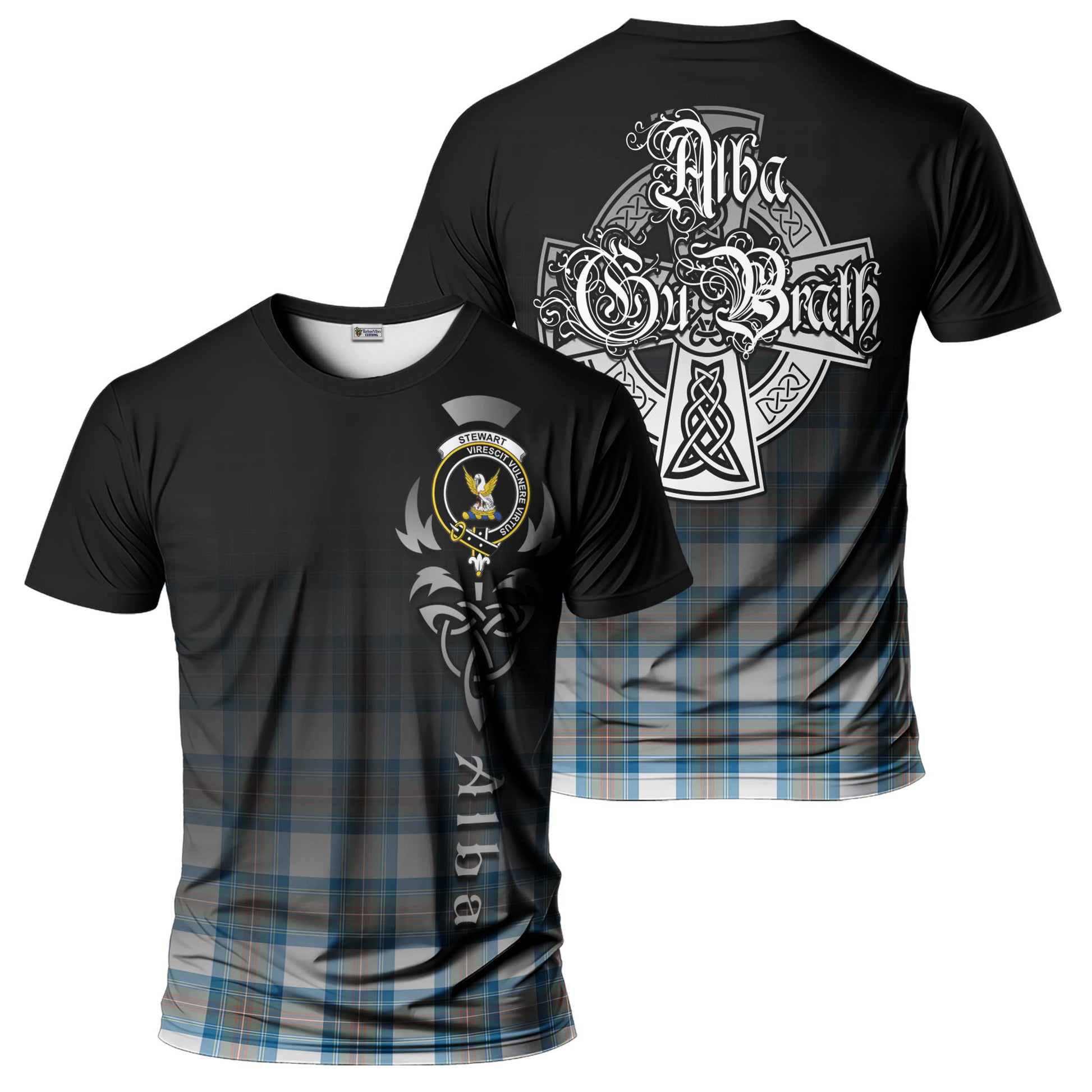 Tartan Vibes Clothing Stewart Muted Blue Tartan T-Shirt Featuring Alba Gu Brath Family Crest Celtic Inspired