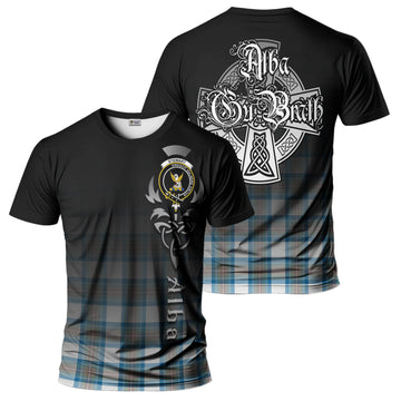 Stewart Muted Blue Tartan T-Shirt Featuring Alba Gu Brath Family Crest Celtic Inspired