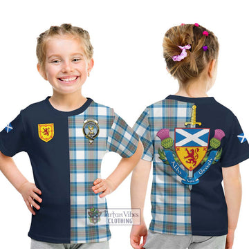 Stewart Muted Blue Tartan Kid T-Shirt Alba with Scottish Lion Royal Arm Half Style