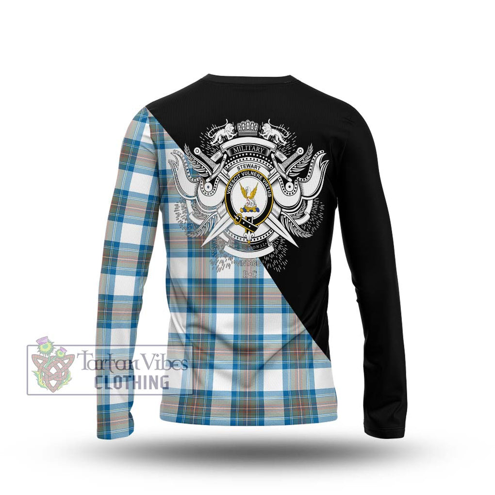 Stewart Muted Blue Tartan Long Sleeve T-Shirt with Family Crest and Military Logo Style - Tartanvibesclothing Shop