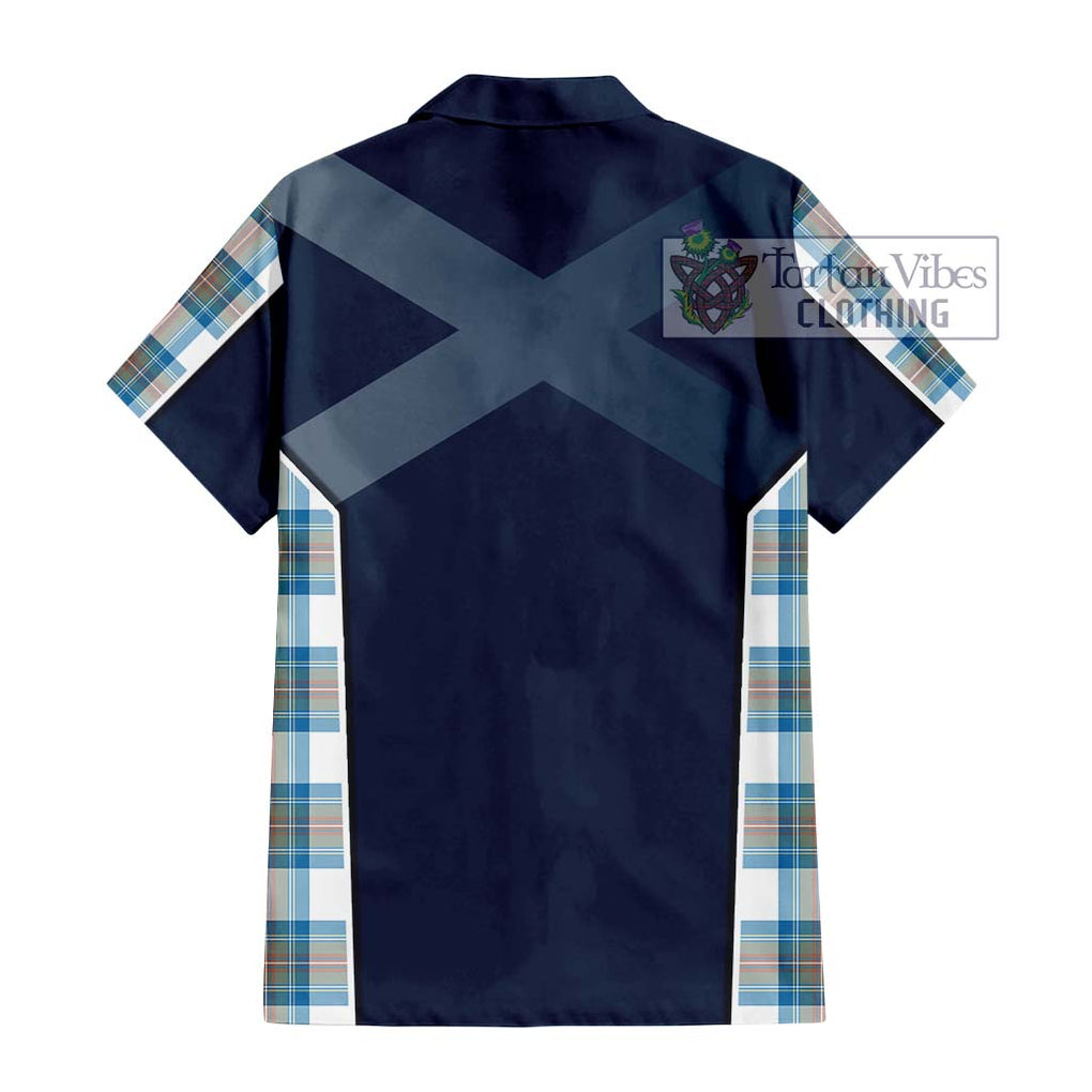 Stewart Muted Blue Tartan Short Sleeve Button Shirt with Family Crest and Lion Rampant Vibes Sport Style - Tartan Vibes Clothing