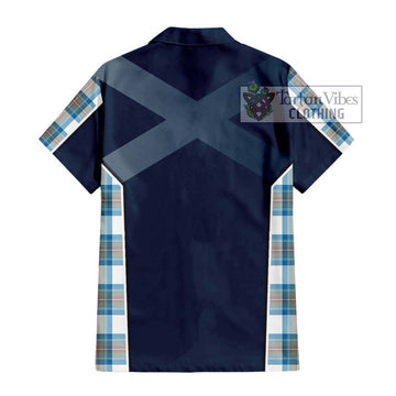 Stewart Muted Blue Tartan Short Sleeve Button Shirt with Family Crest and Lion Rampant Vibes Sport Style