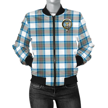 Stewart Muted Blue Tartan Bomber Jacket with Family Crest