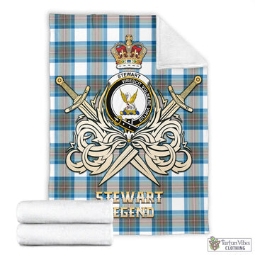 Stewart Muted Blue Tartan Blanket with Clan Crest and the Golden Sword of Courageous Legacy