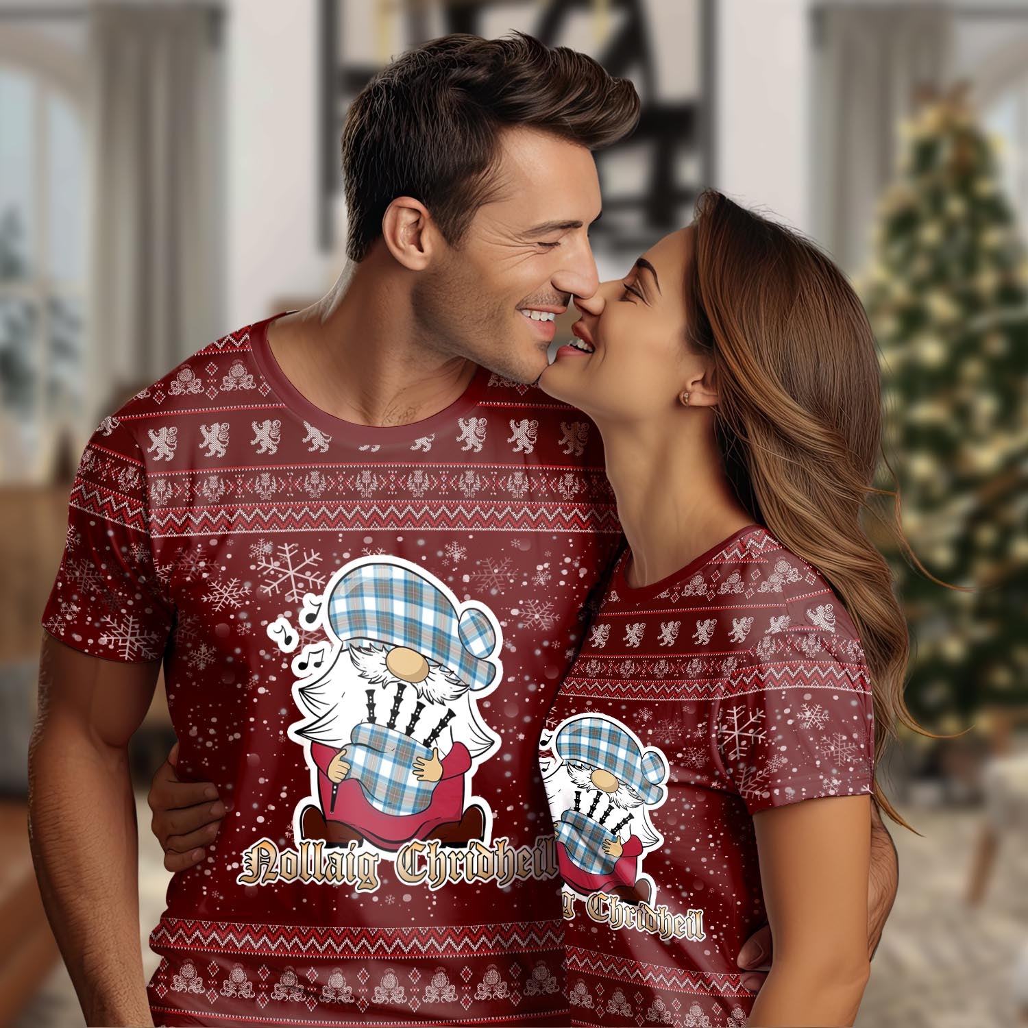 Stewart Muted Blue Clan Christmas Family T-Shirt with Funny Gnome Playing Bagpipes Women's Shirt Red - Tartanvibesclothing