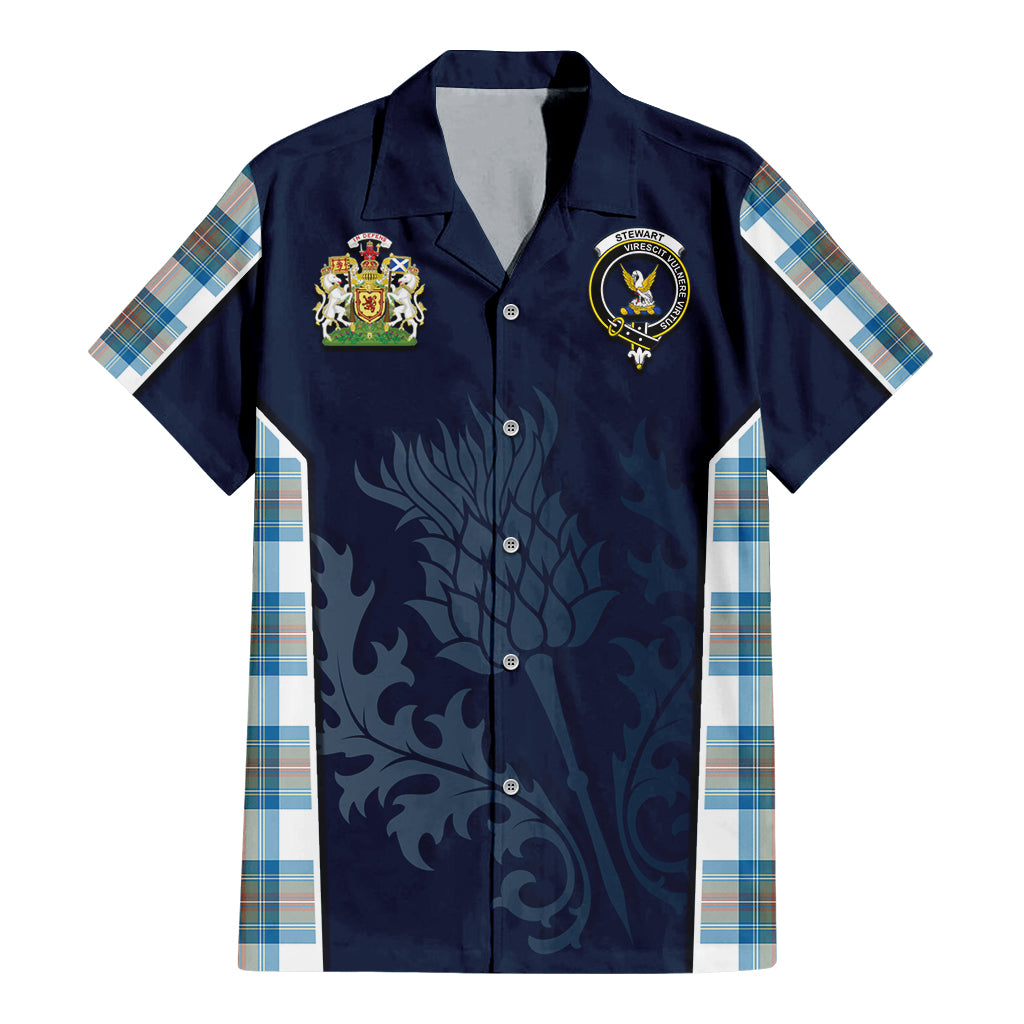 Tartan Vibes Clothing Stewart Muted Blue Tartan Short Sleeve Button Up Shirt with Family Crest and Scottish Thistle Vibes Sport Style