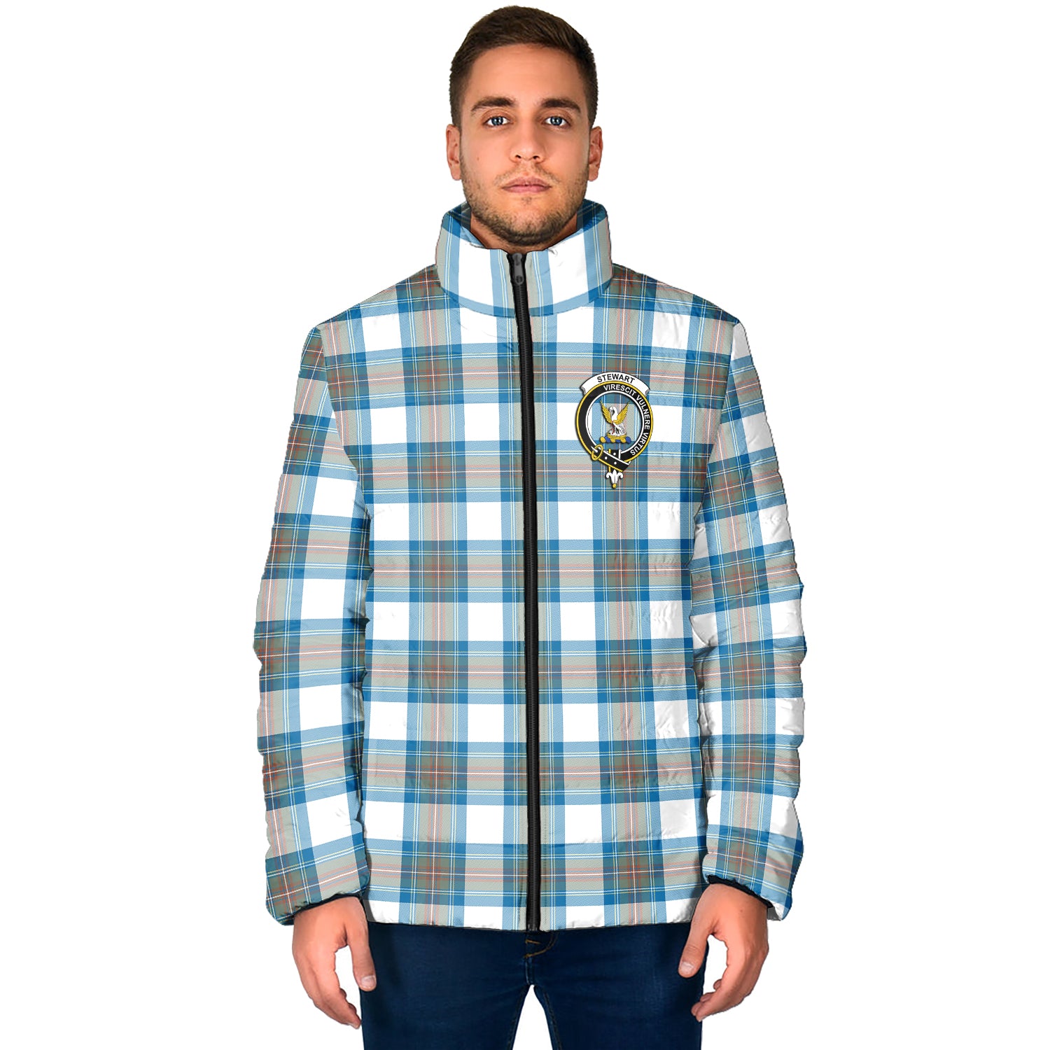 Stewart Muted Blue Tartan Padded Jacket with Family Crest - Tartan Vibes Clothing