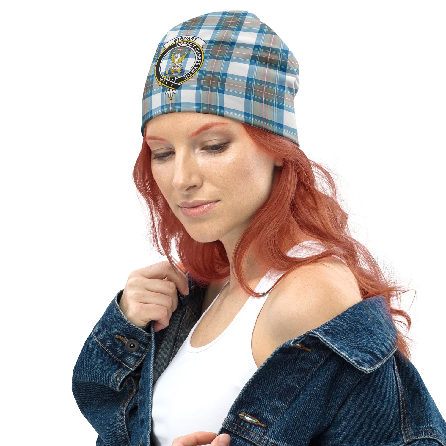 Stewart Muted Blue Tartan Beanies Hat with Family Crest - Tartan Vibes Clothing