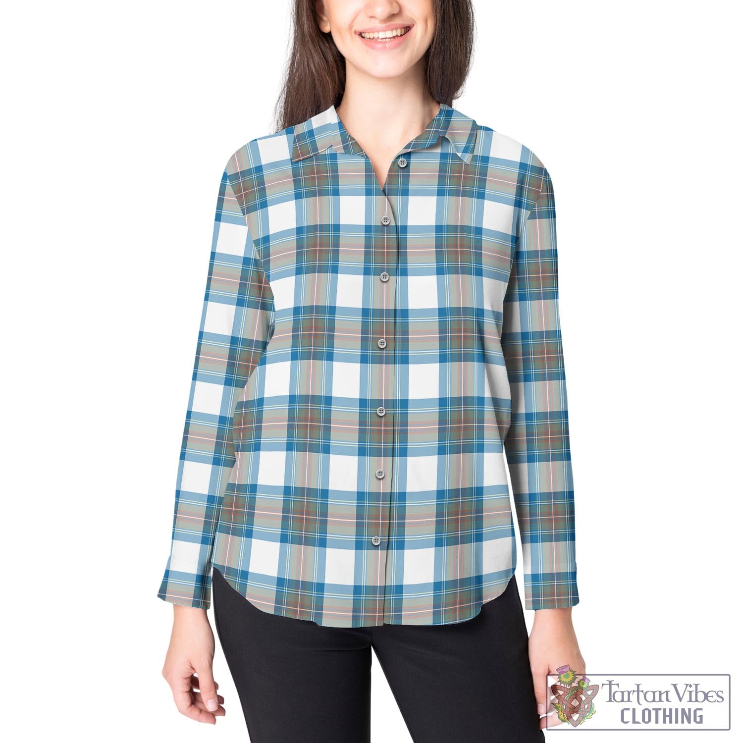 Stewart Muted Blue Tartan Womens Casual Shirt