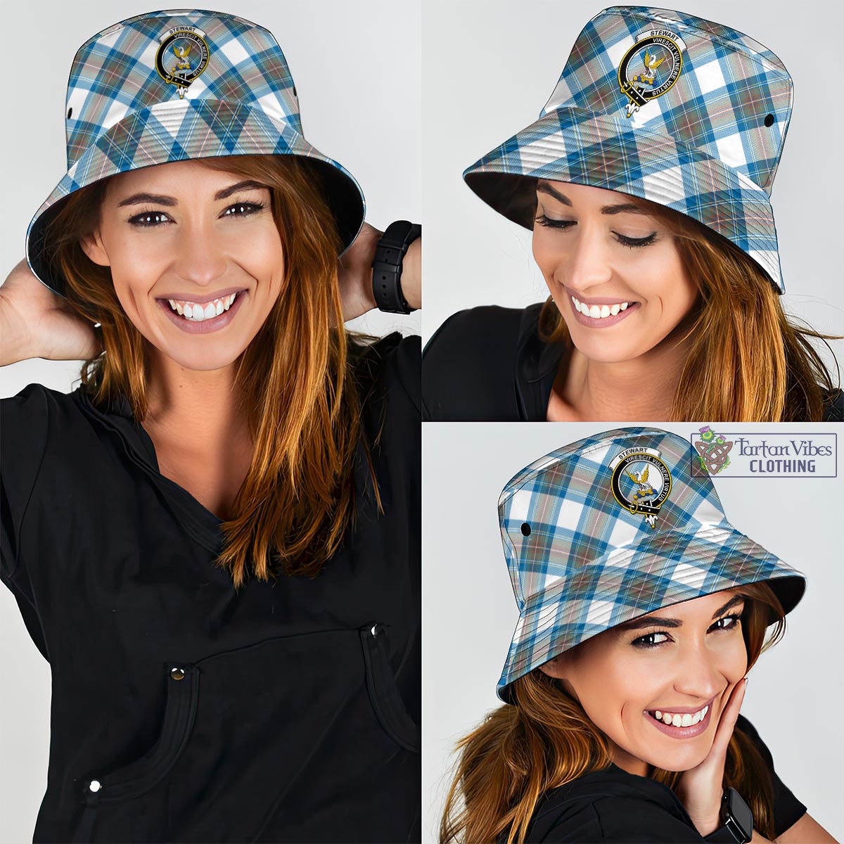 Tartan Vibes Clothing Stewart Muted Blue Tartan Bucket Hat with Family Crest