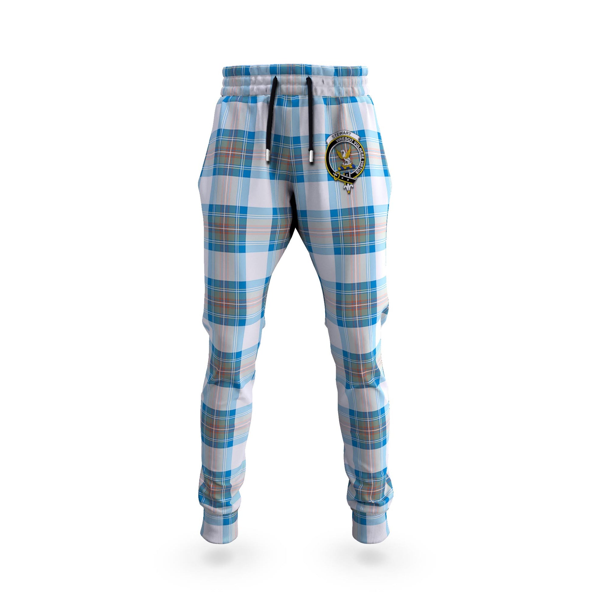 Stewart Muted Blue Tartan Joggers Pants with Family Crest 5XL - Tartan Vibes Clothing