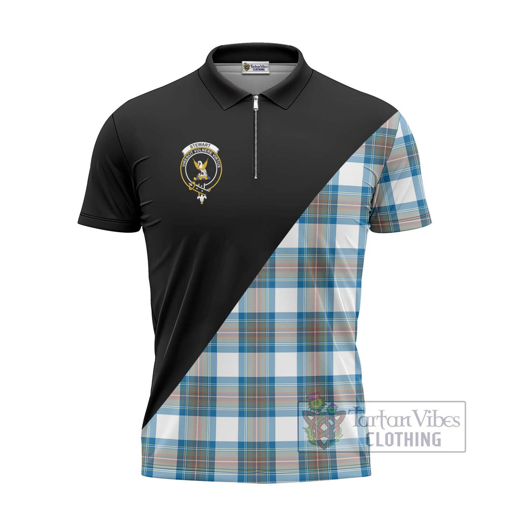 Stewart Muted Blue Tartan Zipper Polo Shirt with Family Crest and Military Logo Style - Tartanvibesclothing Shop