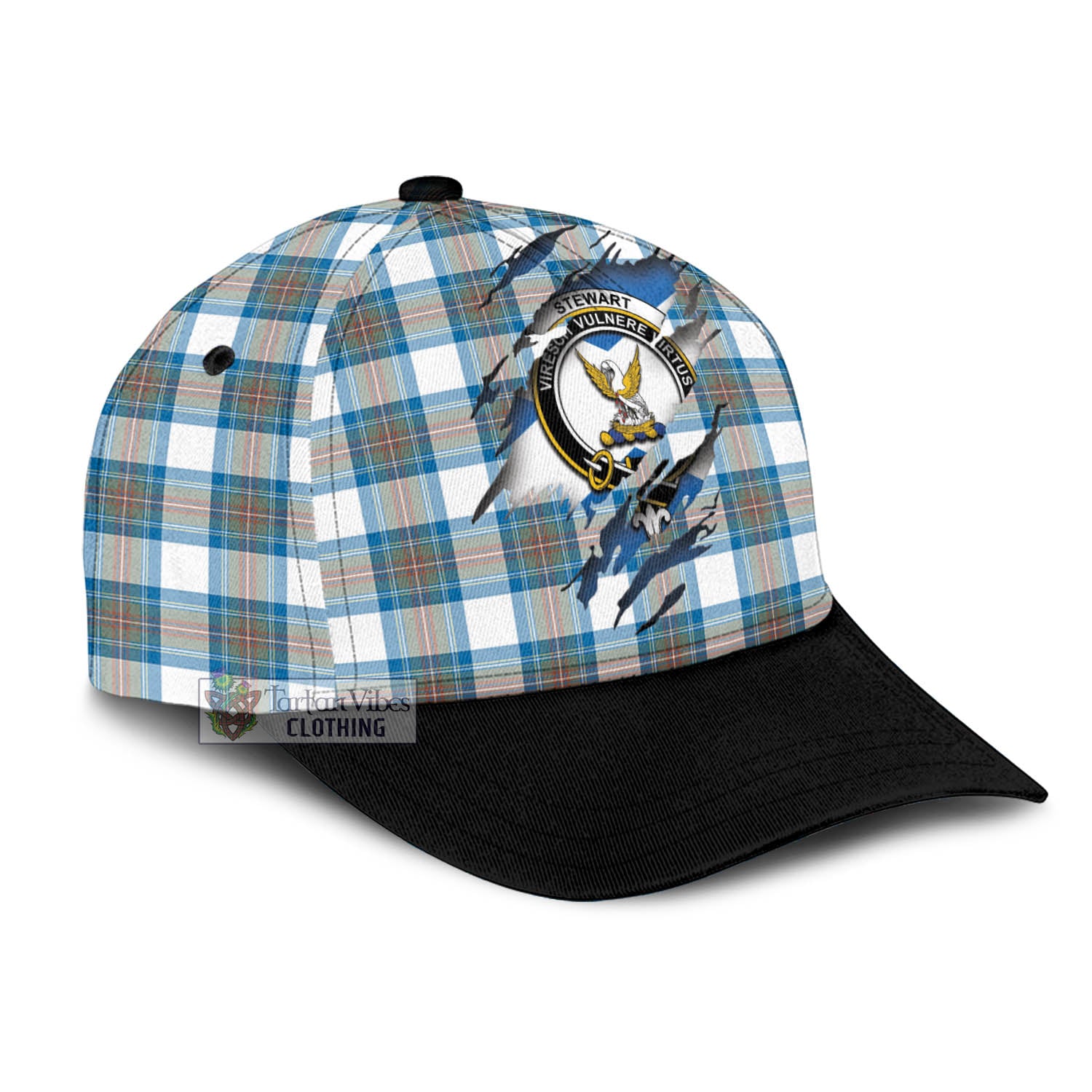 Tartan Vibes Clothing Stewart Muted Blue Tartan Classic Cap with Family Crest In Me Style