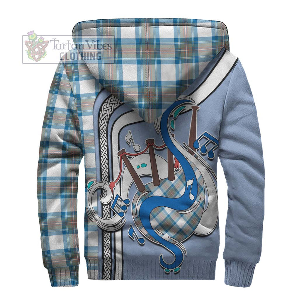 Stewart Muted Blue Tartan Sherpa Hoodie with Epic Bagpipe Style - Tartanvibesclothing Shop