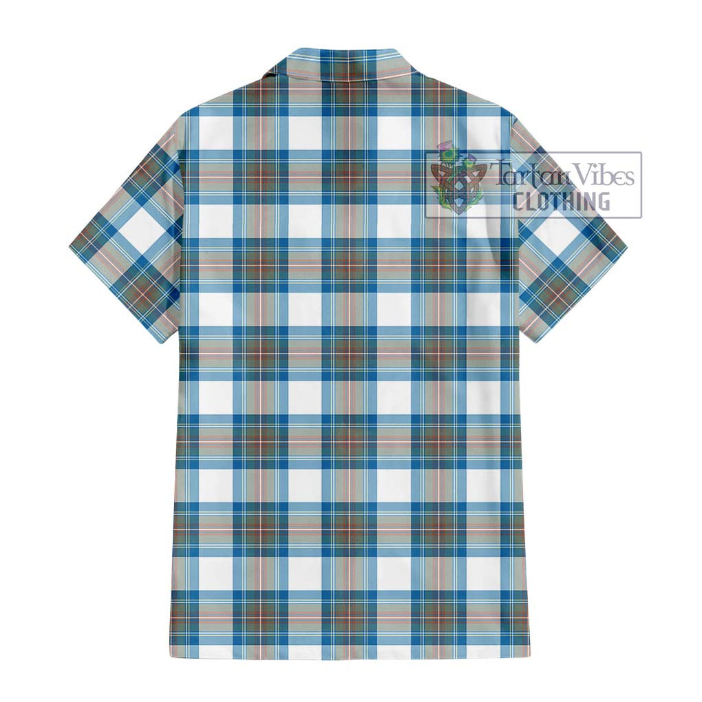 Stewart Muted Blue Tartan Short Sleeve Button Shirt with Family Crest DNA In Me Style - Tartanvibesclothing Shop