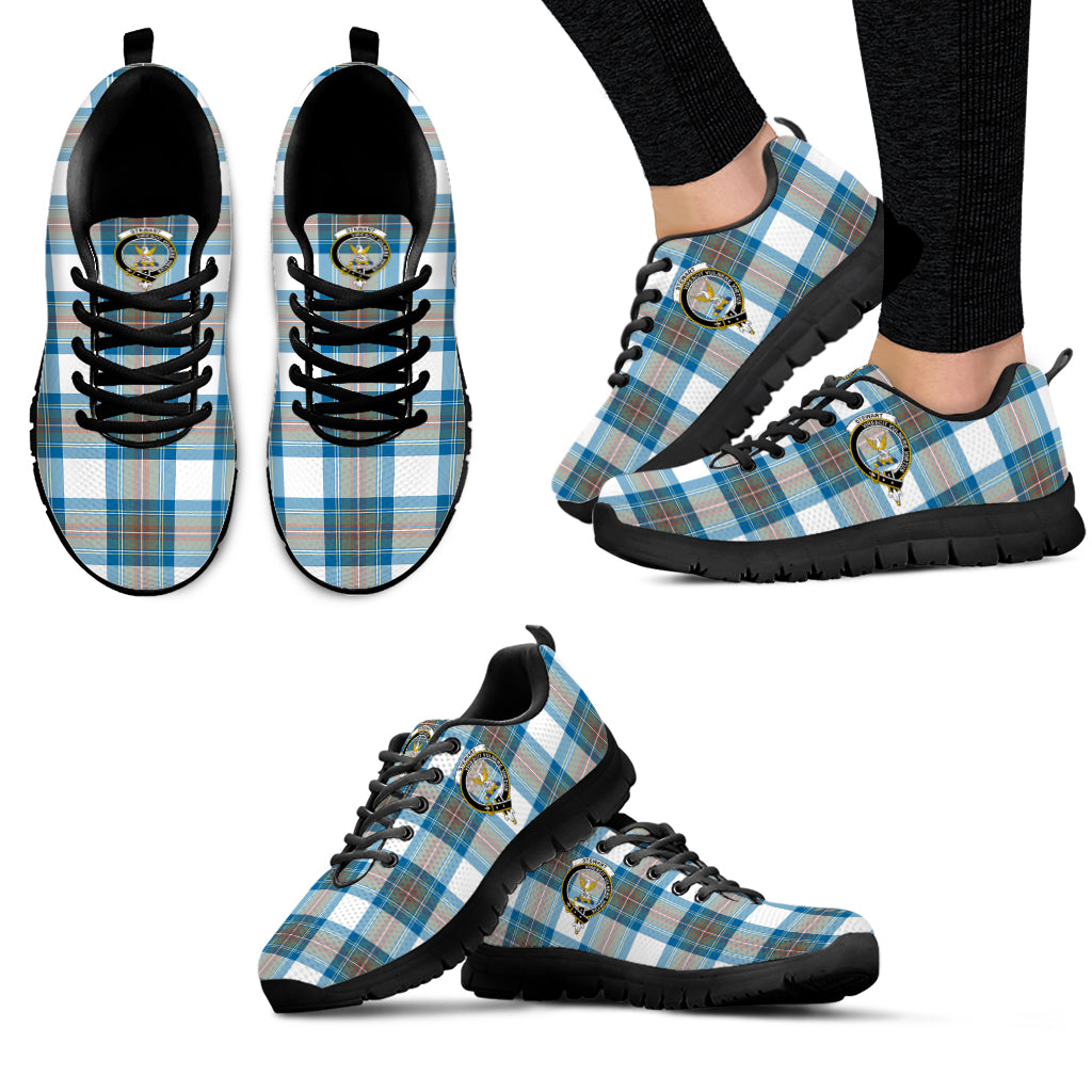 Stewart Muted Blue Tartan Sneakers with Family Crest - Tartan Vibes Clothing