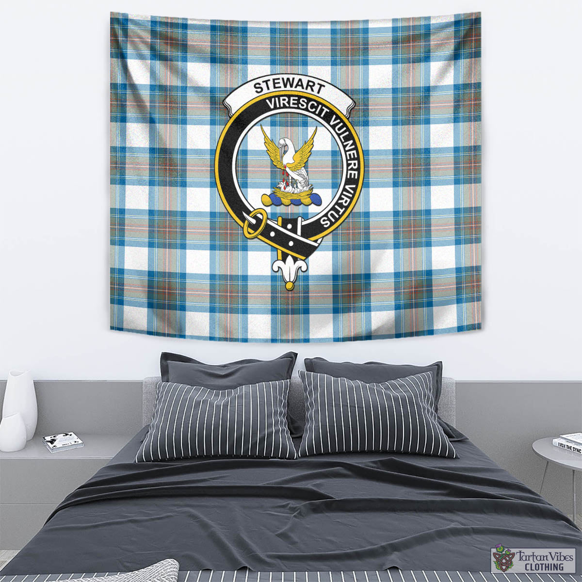 Tartan Vibes Clothing Stewart Muted Blue Tartan Tapestry Wall Hanging and Home Decor for Room with Family Crest