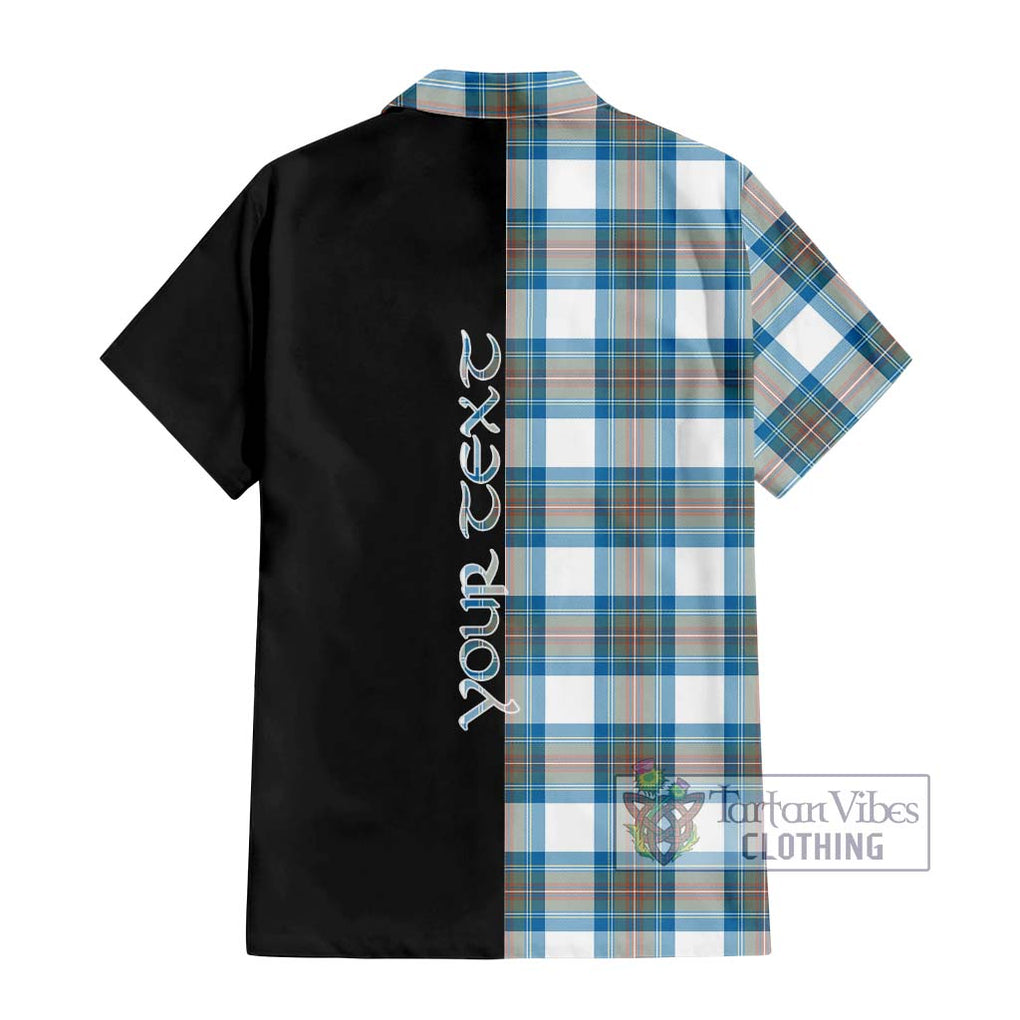 Stewart Muted Blue Tartan Short Sleeve Button Shirt with Family Crest and Half Of Me Style - Tartanvibesclothing Shop