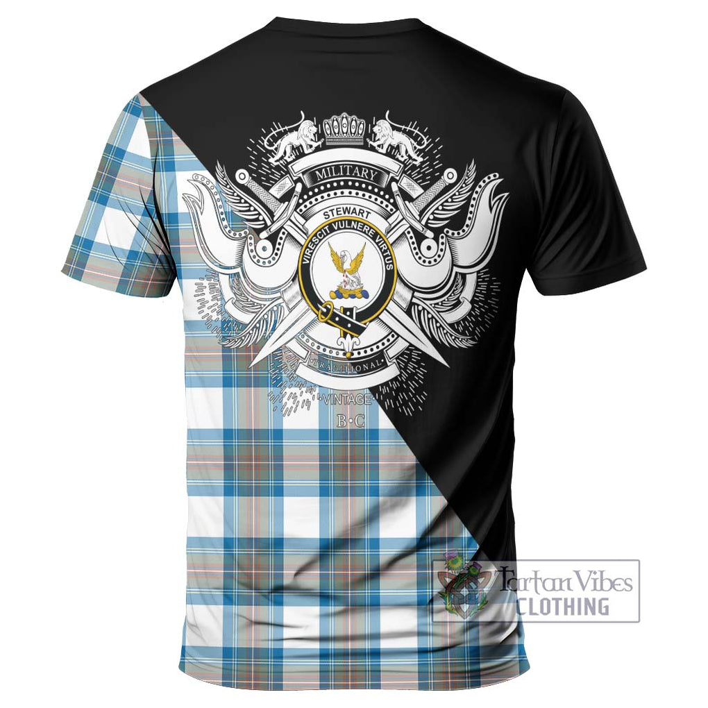 Stewart Muted Blue Tartan T-Shirt with Family Crest and Military Logo Style - Tartanvibesclothing Shop