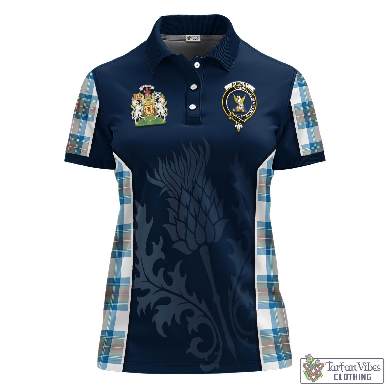 Tartan Vibes Clothing Stewart Muted Blue Tartan Women's Polo Shirt with Family Crest and Scottish Thistle Vibes Sport Style