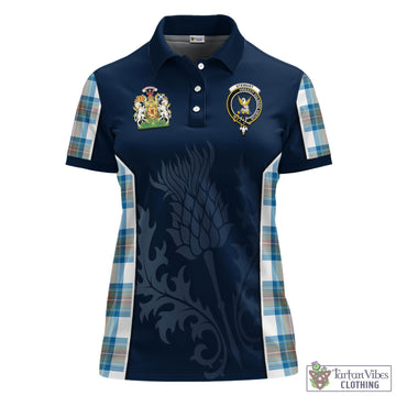 Stewart Muted Blue Tartan Women's Polo Shirt with Family Crest and Scottish Thistle Vibes Sport Style