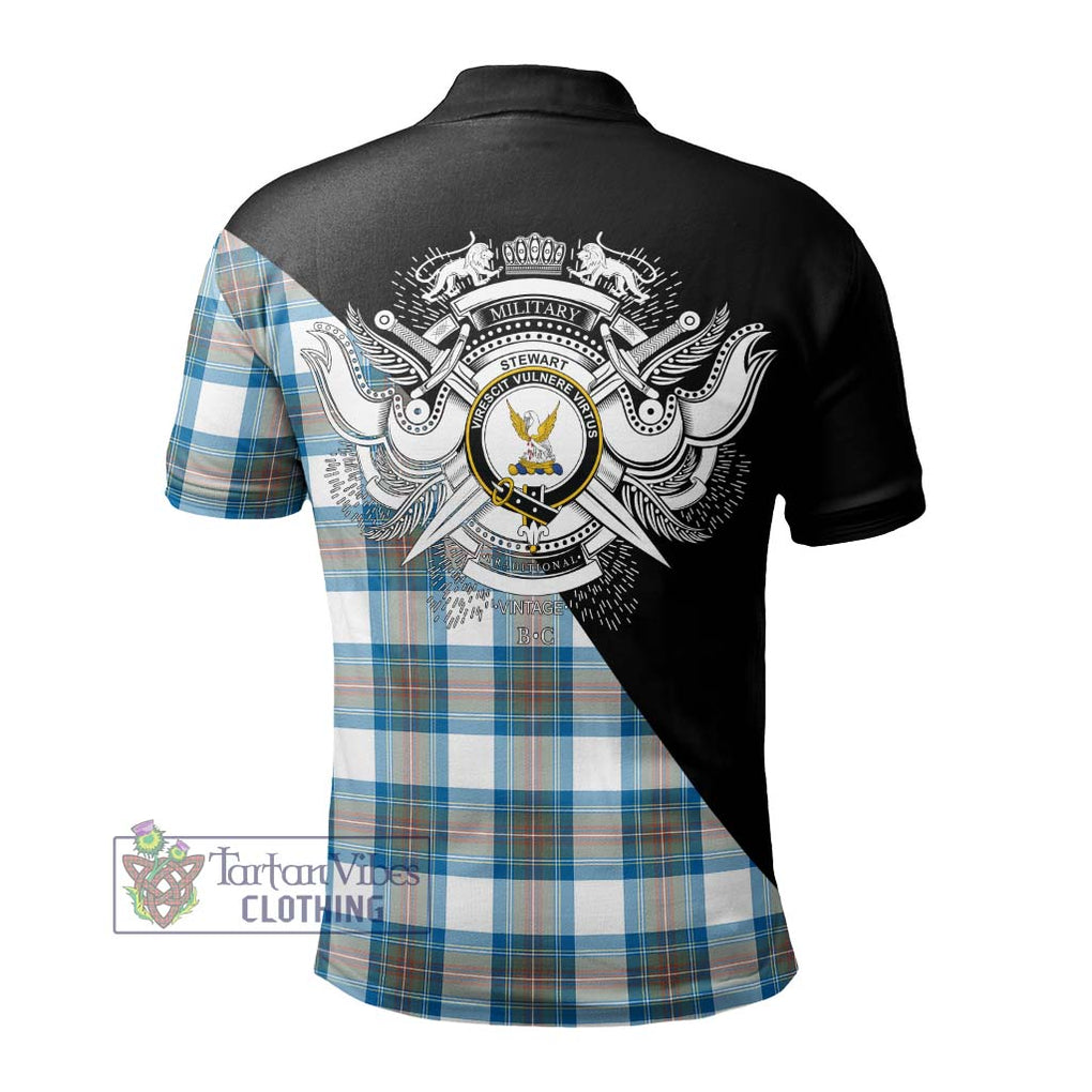 Stewart Muted Blue Tartan Polo Shirt with Family Crest and Military Logo Style - Tartanvibesclothing Shop