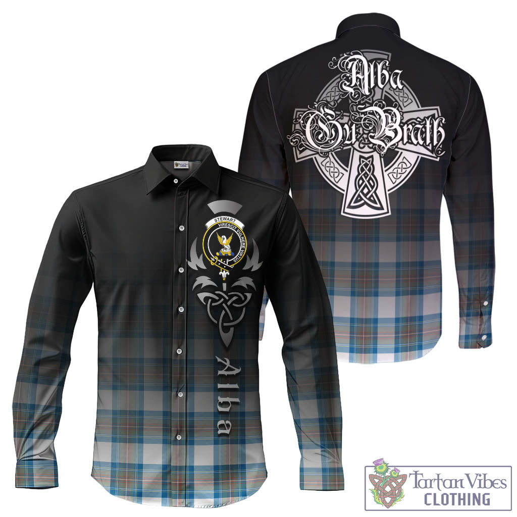 Tartan Vibes Clothing Stewart Muted Blue Tartan Long Sleeve Button Up Featuring Alba Gu Brath Family Crest Celtic Inspired