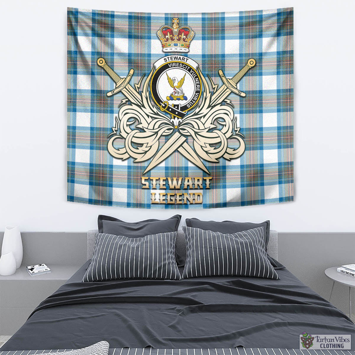 Tartan Vibes Clothing Stewart Muted Blue Tartan Tapestry with Clan Crest and the Golden Sword of Courageous Legacy