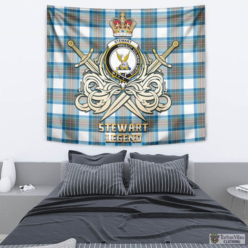 Stewart Muted Blue Tartan Tapestry with Clan Crest and the Golden Sword of Courageous Legacy