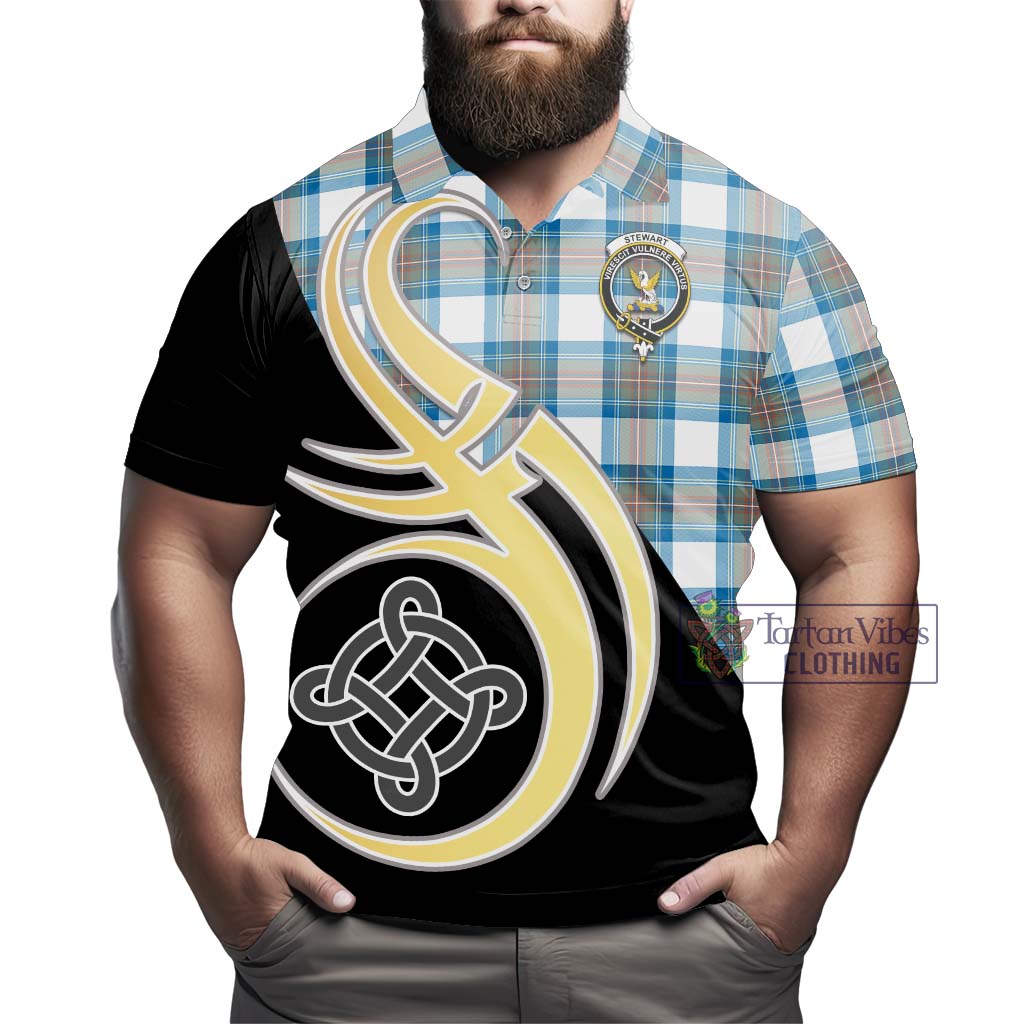 Tartan Vibes Clothing Stewart Muted Blue Tartan Polo Shirt with Family Crest and Celtic Symbol Style