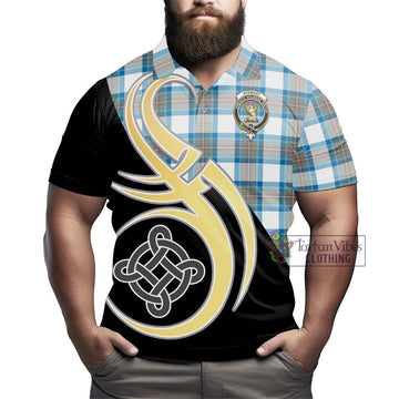 Stewart Muted Blue Tartan Polo Shirt with Family Crest and Celtic Symbol Style