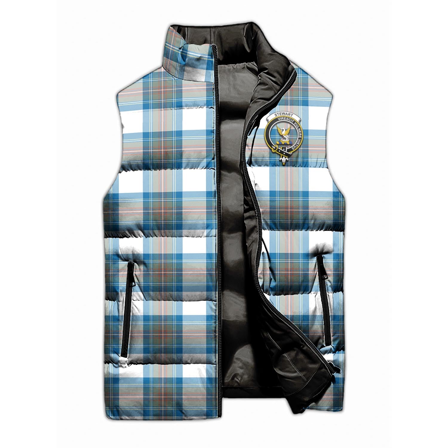 Stewart Muted Blue Tartan Sleeveless Puffer Jacket with Family Crest - Tartanvibesclothing