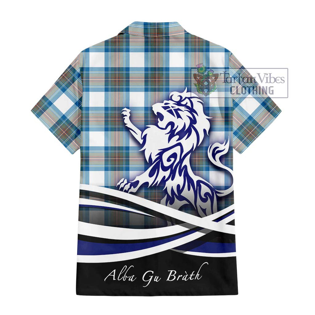 Stewart Muted Blue Tartan Short Sleeve Button Shirt with Alba Gu Brath Regal Lion Emblem - Tartanvibesclothing Shop