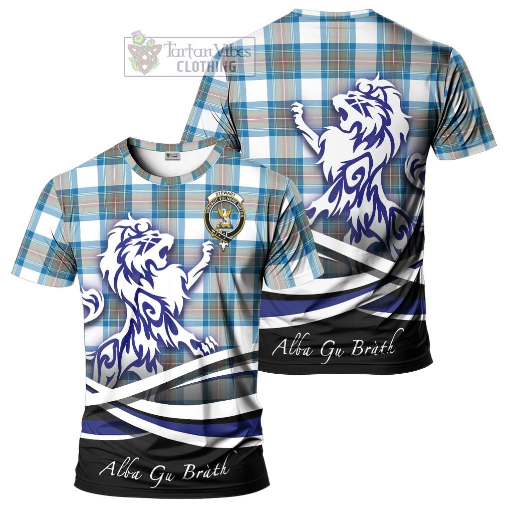 Tartan Vibes Clothing Stewart Muted Blue Tartan Cotton T-shirt with Alba Gu Brath Regal Lion Emblem