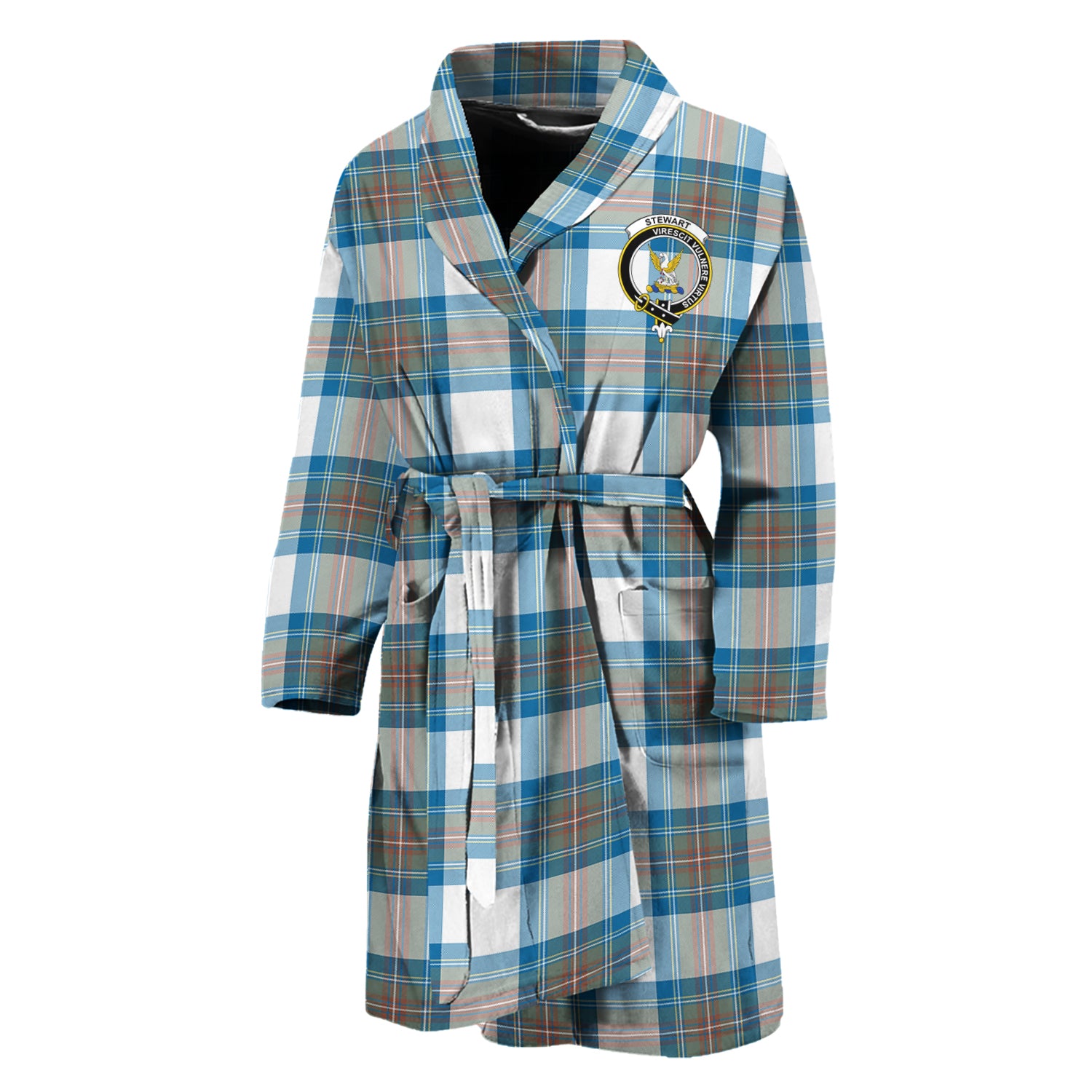 Stewart Muted Blue Tartan Bathrobe with Family Crest Unisex M - Tartan Vibes Clothing