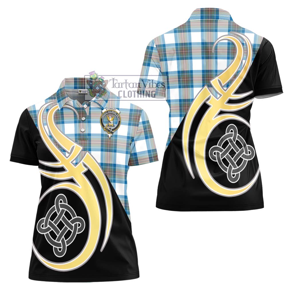 Stewart Muted Blue Tartan Women's Polo Shirt with Family Crest and Celtic Symbol Style - Tartan Vibes Clothing