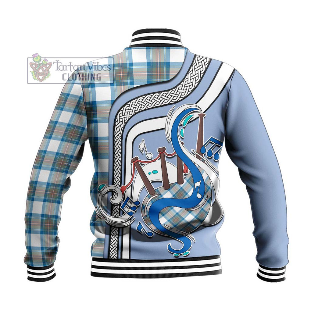 Tartan Vibes Clothing Stewart Muted Blue Tartan Baseball Jacket with Epic Bagpipe Style